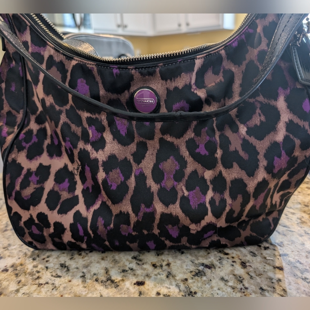 Coach Women's Leopard Print Shoulder Bag - Black and Purple